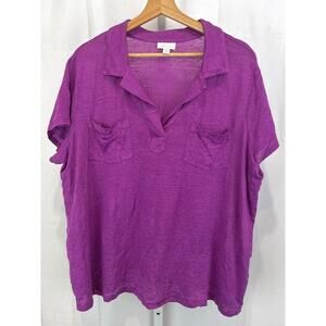 J. JILL Linen Patch Pocket Tee Short Sleeve Johnny Collar Top Purple Size XL